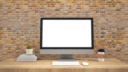 Modern flat screen computer monitor. Computer display isolated on wall background. / 3d rendering