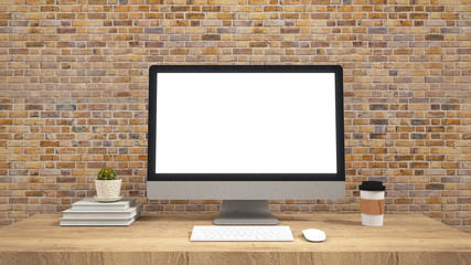 Fototapeta premium Modern flat screen computer monitor. Computer display isolated on wall background. / 3d rendering