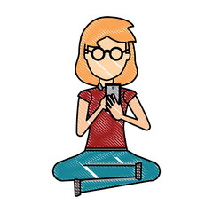 avatar woman sitting and using a cellphone over white background, colorful design.  vector illustration