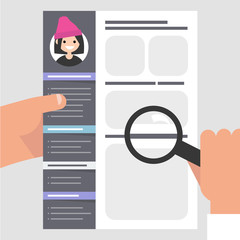 Looking for an employee. CV template. HR holding a magnifying glass. Personal information. Skills and experience. Flat editable vector illustration, clip art