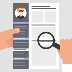 Looking for an employee. CV template. HR holding a magnifying glass. Personal information. Skills and experience. Flat editable vector illustration, clip art