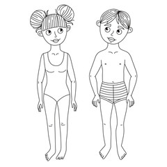 Girl and boy in swimsuits doodle line vector illustration