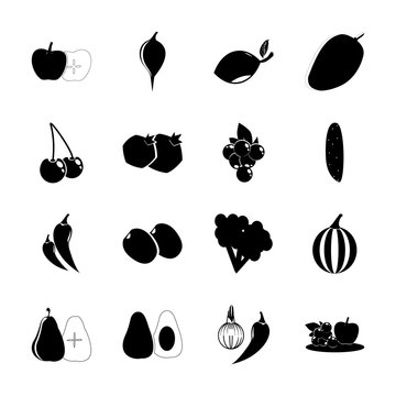 icon Fruits And Vegetables with cabbage, pickling cucumber, plum tree, apple and pear