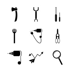 Fototapeta premium icon Instruments And Tools with hand drill, look, repair, fixing and axe