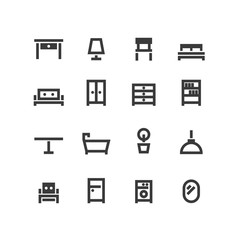 Vector set of black outline icons of interior furniture