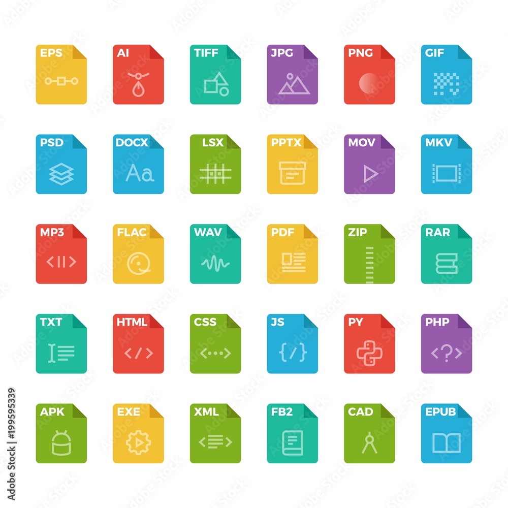 Fototapete vector flat icon set of file formats with outline icons