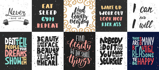 Set of vector motivational and inspirational lettering posters, greeting cards, decoration, prints. Hand drawn typography design elements. Handwritten lettering. Modern ink brush calligraphy.