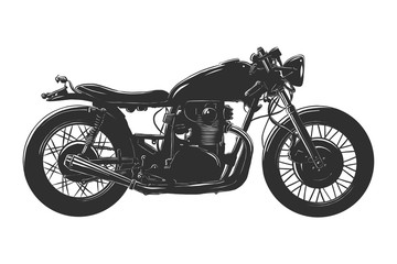 Vector engraved style illustration for posters, decoration and print. Hand drawn sketch of motorcyrcle in monochrome isolated on white background. Detailed vintage woodcut style drawing.