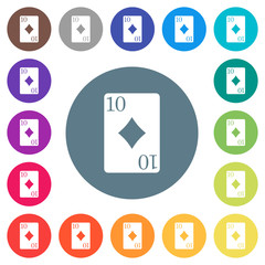 Ten of diamonds card flat white icons on round color backgrounds