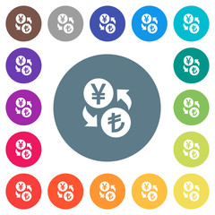 Yen Lira money exchange flat white icons on round color backgrounds