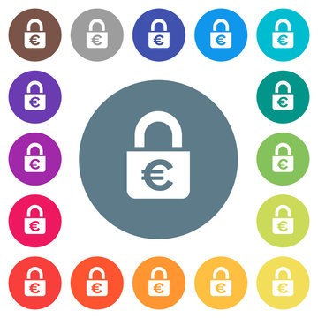 Locked euros flat white icons on round color backgrounds