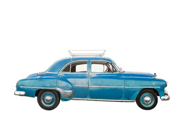 Blue, old and american car with trunk isolated