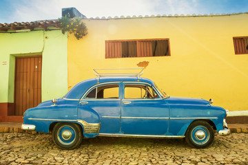 Blue, old and american car with trunk