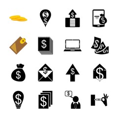 icon Currency with growing up, bank clerk, credit, bank place and pay