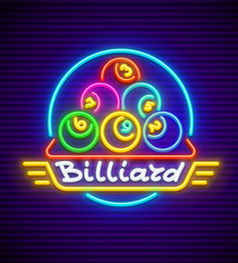 Billiards. Neon sign with illumination for playing billiard