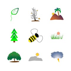 icon Nature with thunderstorm, bee, natural, leaf and hills