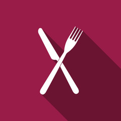 Crossed fork and knife icon isolated with long shadow. Restaurant icon. Flat design. Vector Illustration