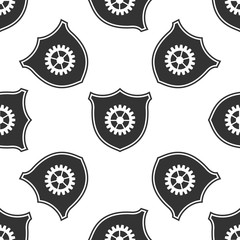 Shield with gear icon seamless pattern on white background. Flat design. Vector Illustration