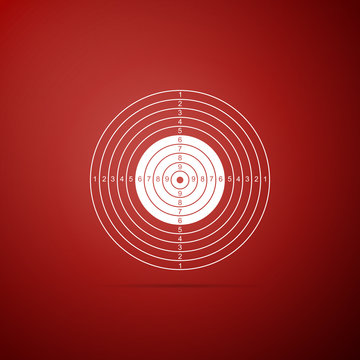 Target sport for shooting competition icon isolated on red background. Clean target with numbers for shooting range or pistol shooting. Flat design. Vector Illustration