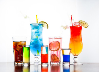 colorful cocktails on white backgroung