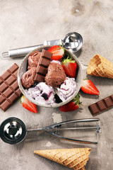 Chocolate coffee ice cream ball in a bowl and strawberry and vanilla