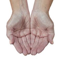 Close-up shot of an olders woman's hands cupped as if to catch of receive something.  White background.