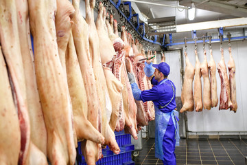 Butcher cutting pork  at the meat manufacturing.