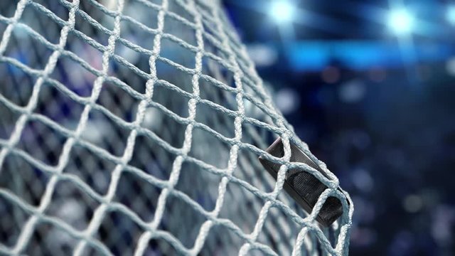 Hockey puck flies into the net on a blue lights stadium. The movement at the beginning is accelerated then slowly