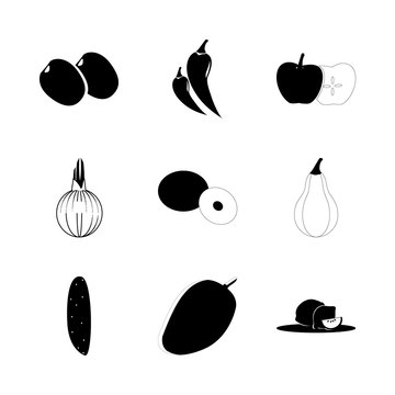 icon Fruits And Vegetables with robber crab, vitamins, cocuber, sweet fruit and apricot