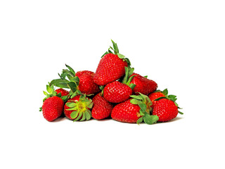 Pile of fresh ripe juicy garden strawberries isolated on white background. Edible, red fruit of the plant fragaria ananassa, rosaceae. Close-up, macro. Green stem