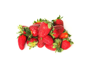 Pile of fresh ripe juicy garden strawberries isolated on white background. Edible, red fruit of the plant fragaria ananassa, rosaceae. Top view, close-up, macro. Green stem