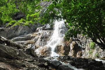 Waterfall on the rock. Named - Shirlak - Girl's tears . Altai, Siberia, Russia.