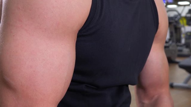 Closeup on a fit man's flexed biceps in a gym