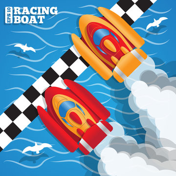 The Racing Boats At The Finish Line. View From Above. Vector Illustration.