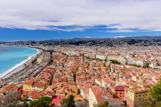 Cote d'Azur, France. Beautiful panoramic aerial view city of Nice, France. Luxury resort of French riviera. Front view of the Mediterranean sea, bay of Angels