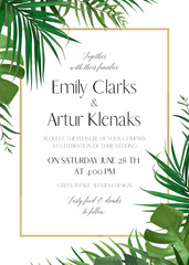 Wedding floral invitation, invite card with vector watercolor style tropical fan palm tree green leaves, exotic forest greenery herbs & elegant golden frame. Luxury ,botanical, woodsy template design