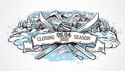 Graphic illustration with a set of objects  symbolizing mountain skiing, and design element as a ribbon for text inscriptions.