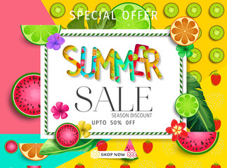 Sommeraktion. Summer design vector banner with fruits background and exotic palm leaves, hibiscus flowers.