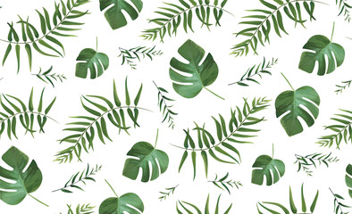Materiał do szycia Vector seamless pattern with tropical watercolor style forest palm tree fronds, greenery exotic herbs monstera green leaves. Beautiful trendy elegant spring summer cute print isolated white background
