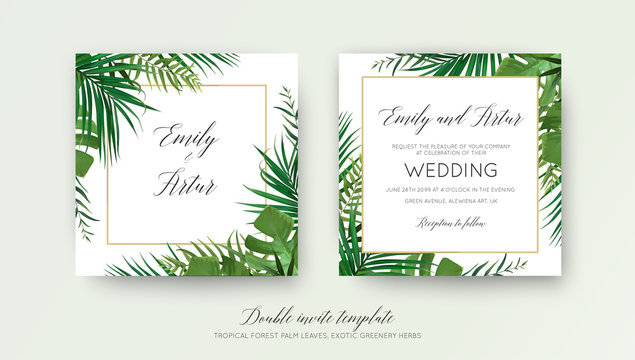 Wedding floral double invite card design with vector watercolor style tropical fan palm tree green leaves, exotic forest greenery herbs & elegant golden frame. Luxury botanical rustic natural template