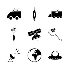 icon Cosmos with satellite, astrology, alien, cassiopeia and alien plane