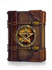Vintage wooden - leather Grimoire book - front view from the right