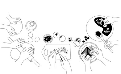 Cooking pizza phases. Cooking, food products vector illustration, clip art in outline, black and white. 