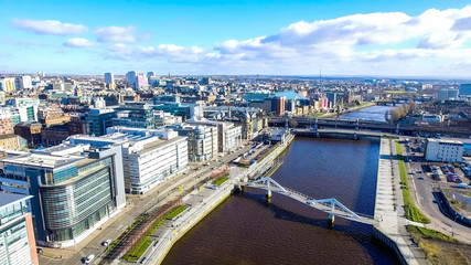 Aerial image of Glasgow Cityscape from over the River Clyde near the city centre.