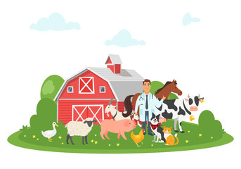 veterinarian surrounded by farm animals