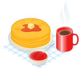 Flat isometric illustration of dish with pancakes, jam and cup of coffee. The russian traditional pancakes in the plate, a mug of hot coffee, sweet syrup. The Shrovetide, carnival food vector concept.