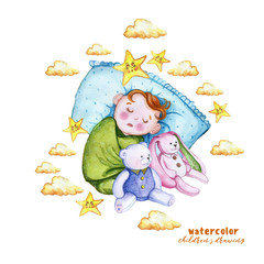 Watercolor painting print children's illustration with a child in the diaper, the baby is sleeping on the pillow, around the stars and clouds, sitting next to a soft toy Bunny and bear, plush toy for 