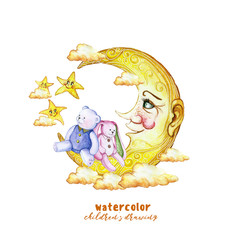 Watercolor painting print children's illustration with a month and a plush toy bear and Bunny, stars in the sky and orange clouds in cartoon style, on the theme of the night, the constellation for dec