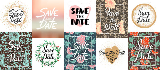 Set of vector save the date lettering posters, greeting cards, decoration, prints. Hand drawn typography design elements. Handwritten lettering. Modern ink brush calligraphy.