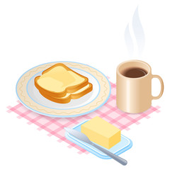 Flat isometric illustration of plate with slices of bread and butter and cup of coffee. The dish with toasts with margarine, a mug of hot coffee. The breakfast, morning eating, food vector concept.